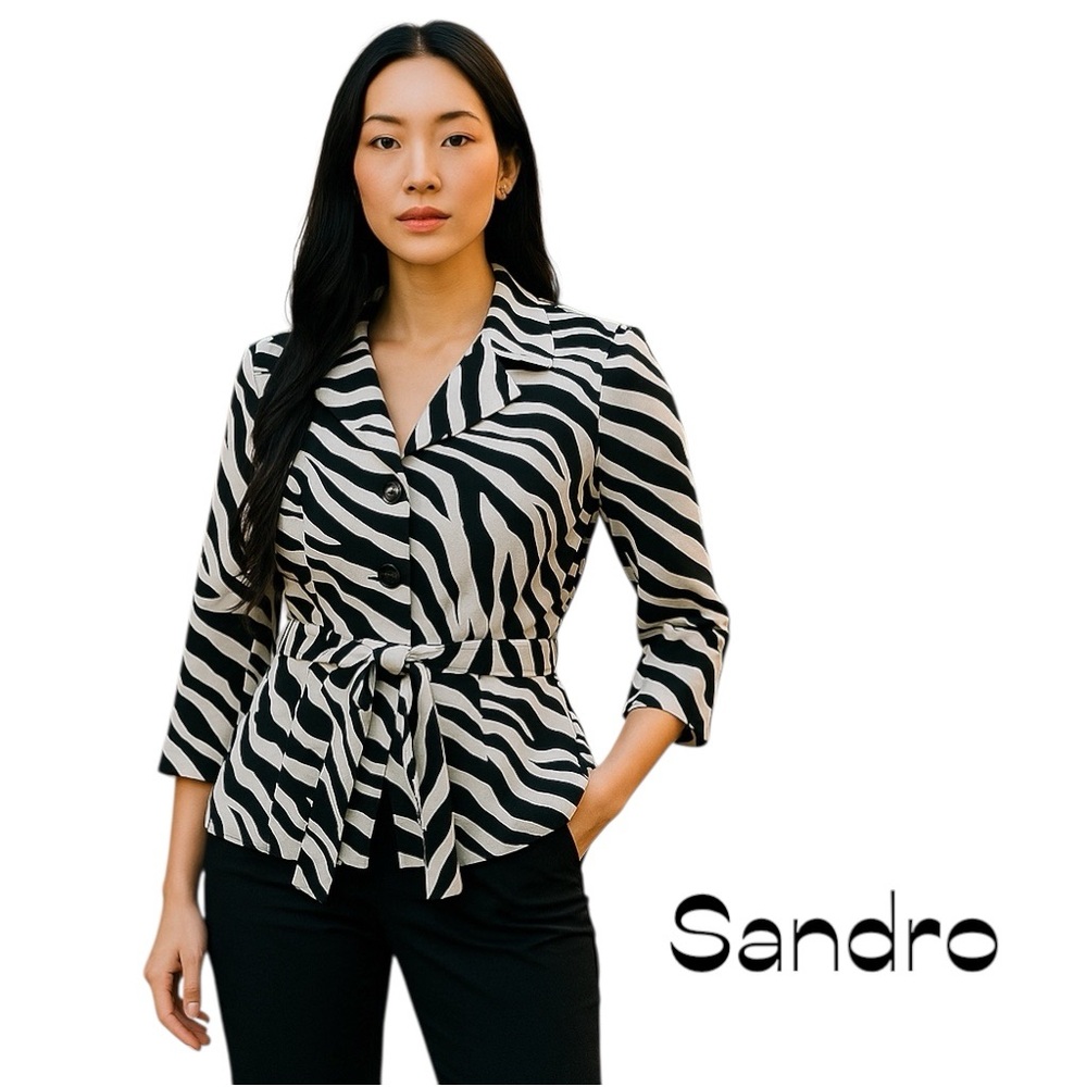 Sandro Black & White Animal Print Belted Short Trench Jacket Size M